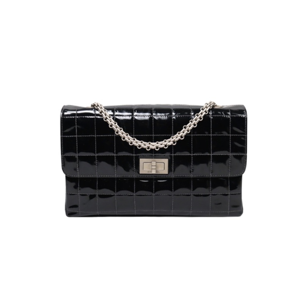 Chanel 2.55 Reissue Medium Black Patent Leather Silver Chain Flap Bag Auth